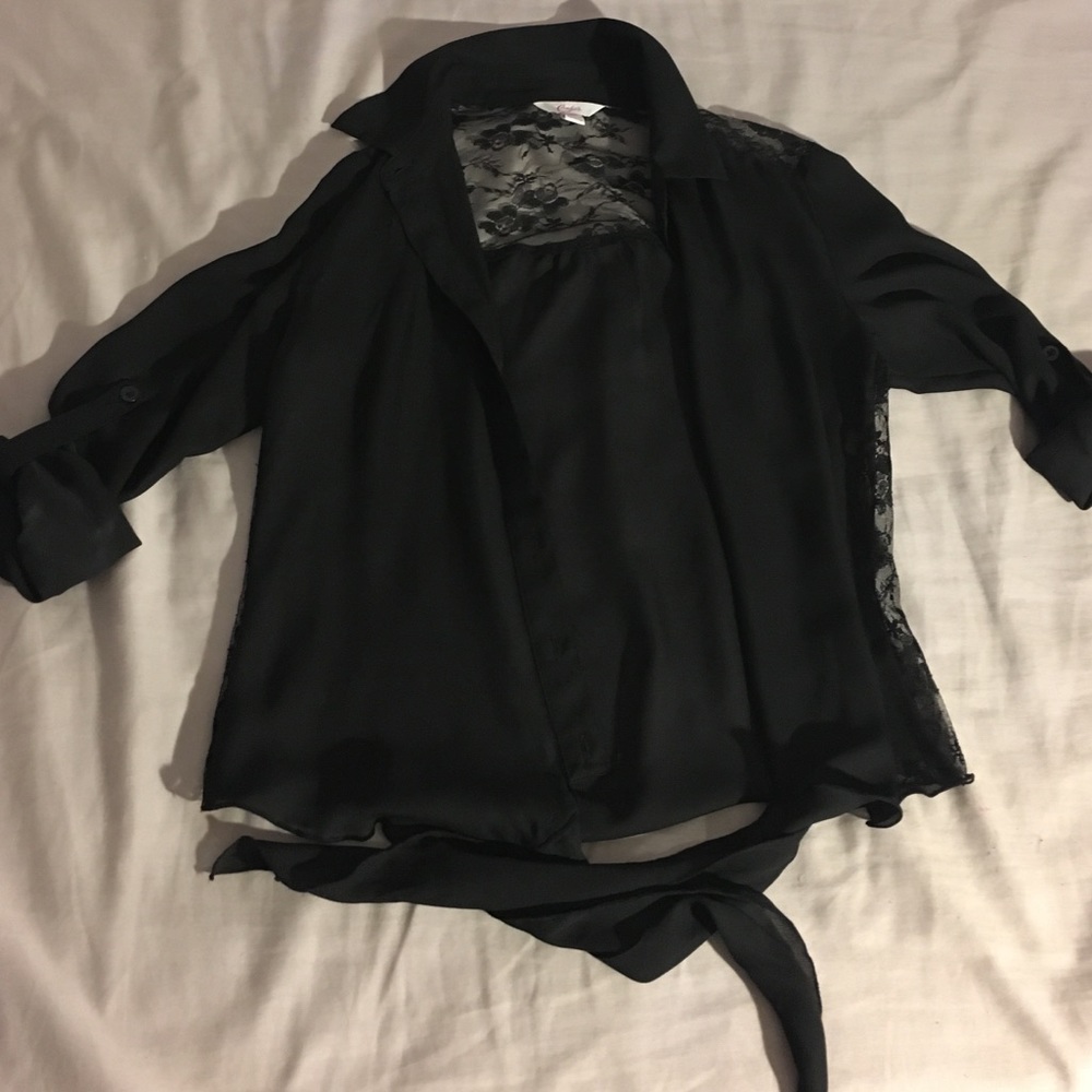Black Lace Long Sleeve Button-Up Top